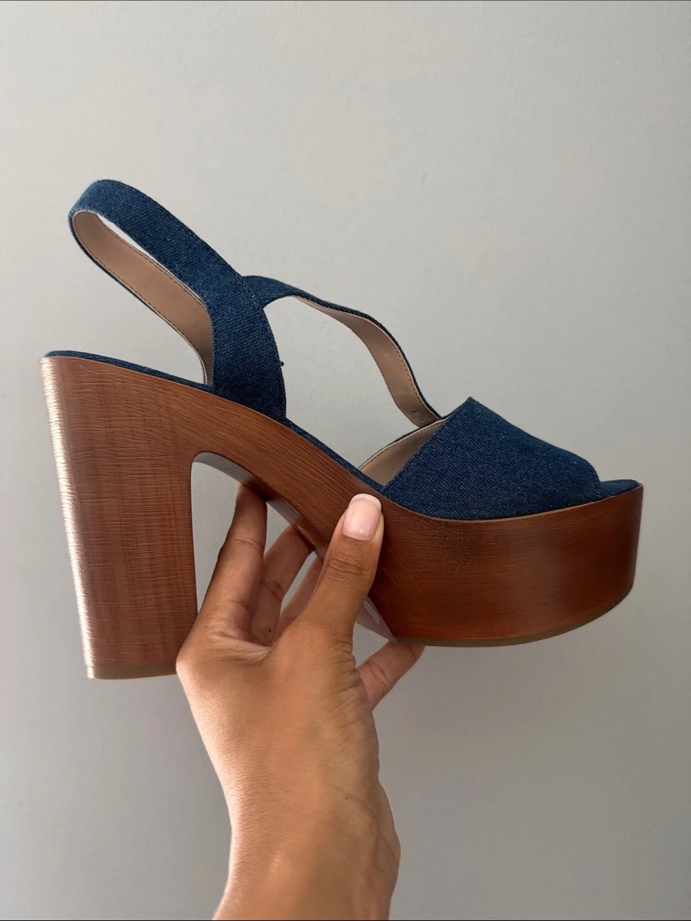 Mix No. 6 Denim Blue Platform Sandal with Wood-Tone Heel